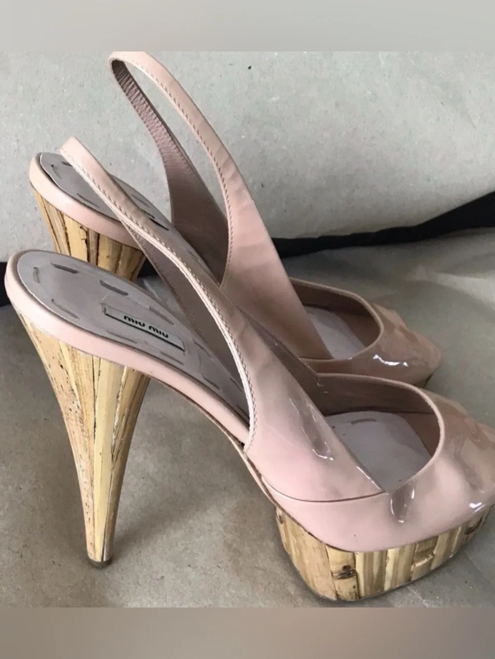 Miu Miu Blush Pink Patent Leather Peep-Toe Slingback Heels